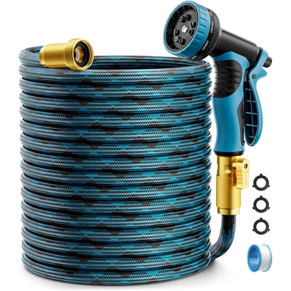 Non-Expandable 75 ft Blue Rubber Garden Hose with 10-Function Spray Nozzle for Yard, Lawn, Car Wash, RV, and Home Use
