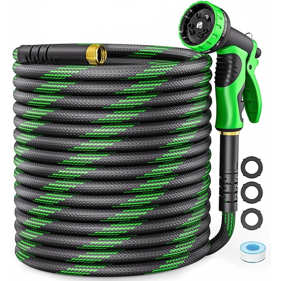 Non-Expandable Garden Hose 125 FT, Heavy-Duty & Flexible Water Hose with 10-Function Nozzle, Kink-Free & Leak-Proof Design, Ultra Lightweight Portable Yard Hose for Lawn, Car, Outdoor Use
