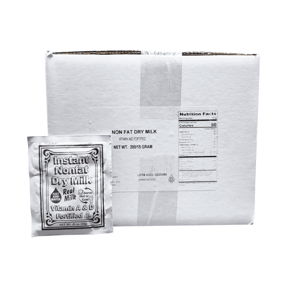 Non-Fat Dry Milk Instant Mix Packets 15g Each, 200 Pack Vitamin A & D Fortified, Shelf-Stable Powdered Milk