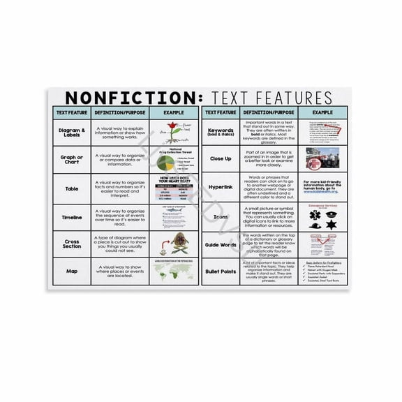 Non-Fiction Text Features Poster Reading Comprehension Classroom Decor (7) Canvas for Bedroom Living Room Decor poster