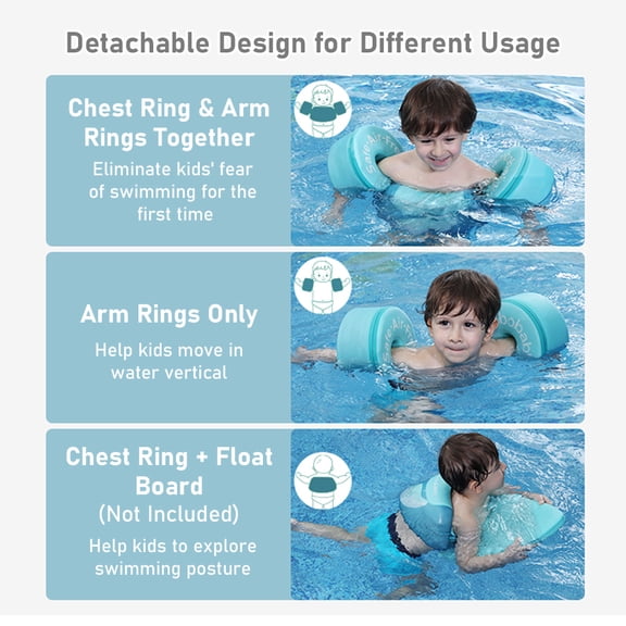 Non Inflatable Kids Swim Vest Floating Life Jacket for Boys Girls Water Training Aid with Detachable Chest Arm Rings Green 12.2x9.4x7.1 in / 31x24x18 cm