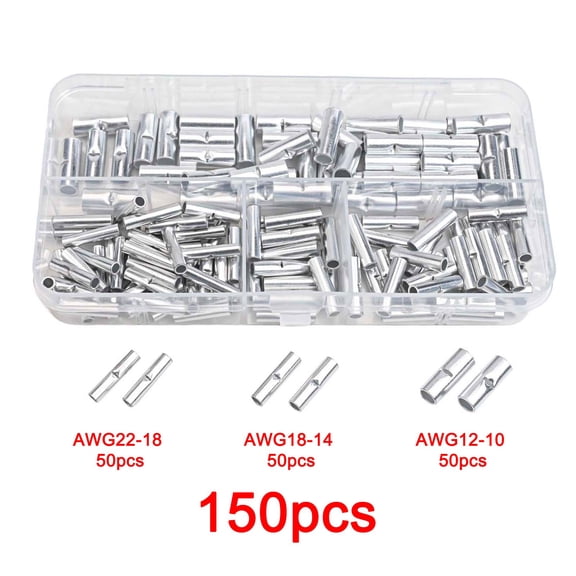 Non Insulated Butt Connectors for Auto DIY, Copper Wire Terminals 22-10 AWG, Tin Plated Electrical Crimp Fittings with Wire Stop Barrier, Silver(150pcs)