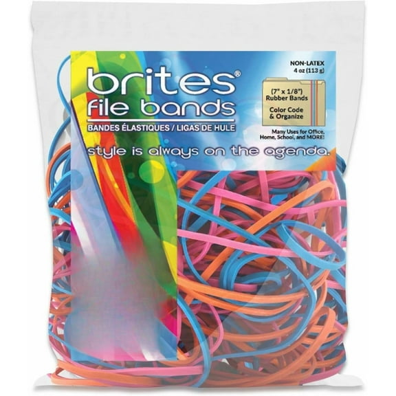 Non-Latex Brites File Bands, Colored Elastic Bands, (7" x 1/8", Assorted Bright Colors in Resealable Bag)