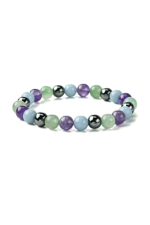 Non-Magnetic Hematite & Natural Green Aventurine & Natural Amethyst & Natural Angelite Round Beaded Stretch Bracelets Aquarius Inner Diameter: 2-1/8 inch(5.5cm)