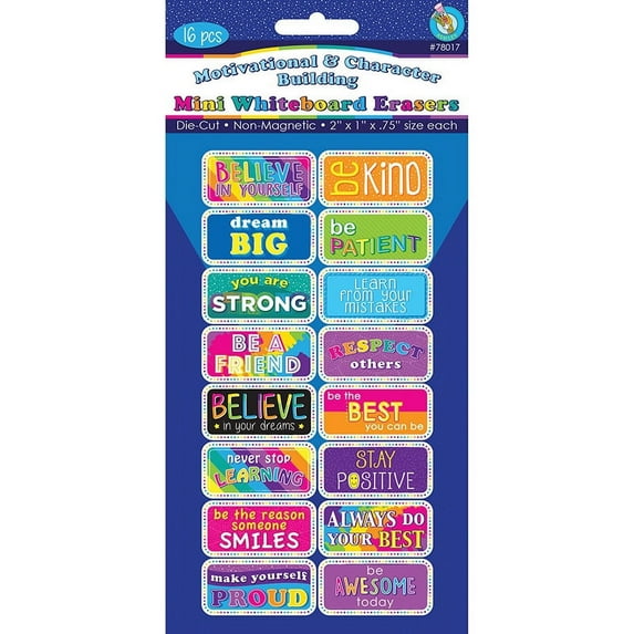 Non-Magnetic Mini Whiteboard Erasers, Motivational/Character Building, Pack of 16 | Bundle of 5 Packs