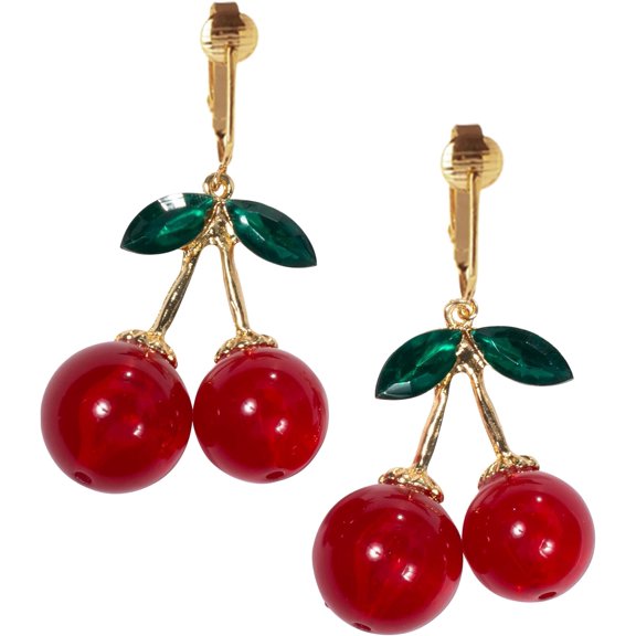 Non Pierced Gold Tone Clip On Red Cherry Dangling Earrings[q940]