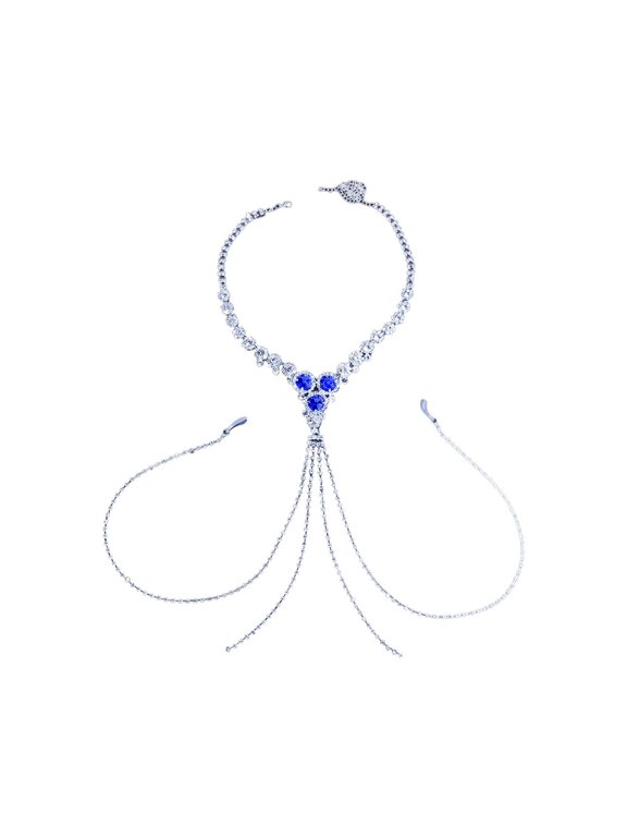 Non Piercing Nipple Chain Rhinestone Bra Body Thong Waist Necklace for Women Nightclub Accessory, 35+5 cm, BlueA