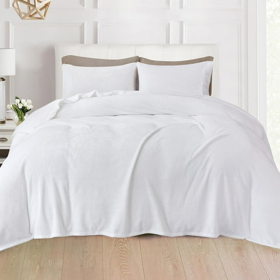 Non Pilling Fuzzy Velvet Flannel Fleece Deep Pocket Sheet Set - Full, White