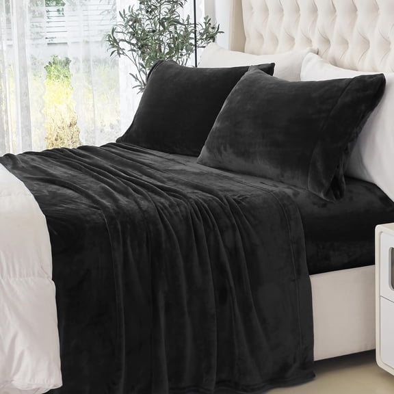 Non Pilling Fuzzy Velvet Flannel Fleece Deep Pocket Sheet Set - King, Black