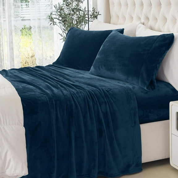 Non Pilling Fuzzy Velvet Flannel Fleece Deep Pocket Sheet Set - Queen, Navy