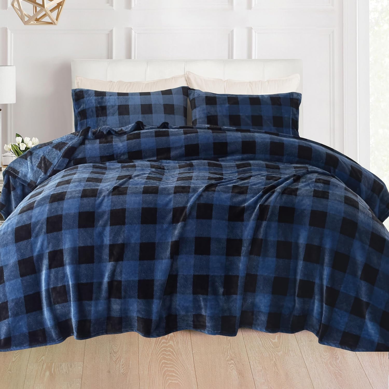 Non Pilling Fuzzy Velvet Flannel Fleece Deep Pocket Sheet Set - Twin, Buffalo Blue