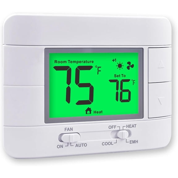 Non-Programmable Heat Pump Thermostat for House 2 Heat/1 Cool, with Temperature & Humidity Monitor and Large Green LCD