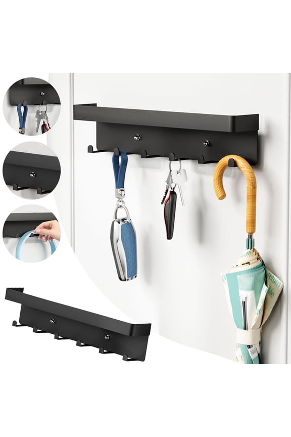 Non-Punching Wall Mount Key Hanging Rack with 6 Hooks and Tray, Multifunctional Entryway Storage Organizer for Keys and Mail, 1 Pack