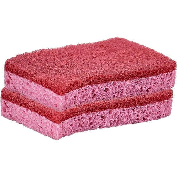 Non-Scratch Cellulose Sponge Kitchen Scrub Sponge with Scouring Pad Set, Good for Non-Stick Cookware Frying Pan, Pot, Counter Top, Sink Scrubbing, Kitchen Scrubbers, Pack of 2, (Red/Pink)