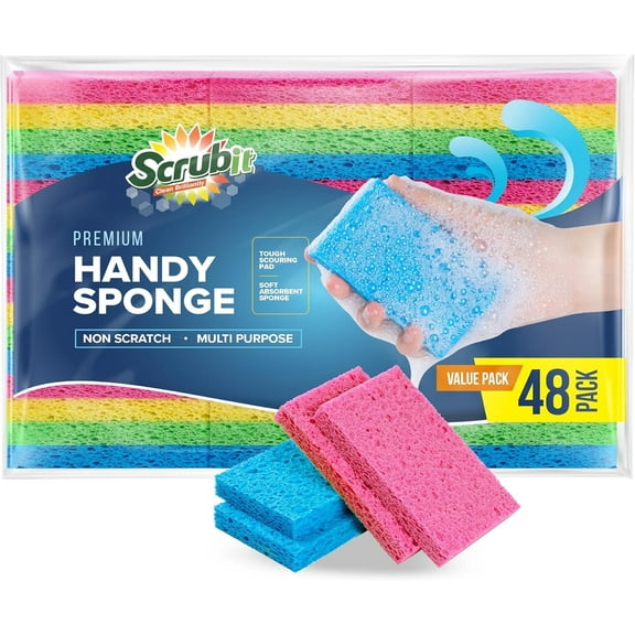 SCRUBIT Handy Dish Scrubber, Non-Scratch Natural Cellulose Kitchen Sponges, 48-Pack