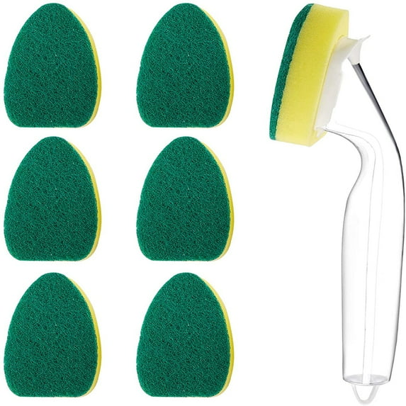 Non Scratch Dishwand with Handle - 6 Refills Heavy Duty Dish Wand Pack, Replacement Sponge Heads Set, Soap Dispenser Scrubbers, Dishwashing Scrub Brush, Cleaners Supplies, Dishwasher Cleaning Tool kit
