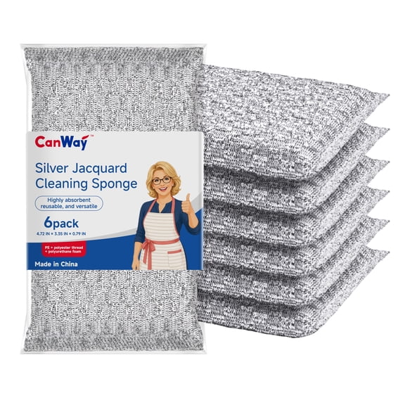 Non-Scratch Silver Jacquard Cleaning Sponge Dual-Sided Dishwashing Sponge for Kitchen, 6 Pack