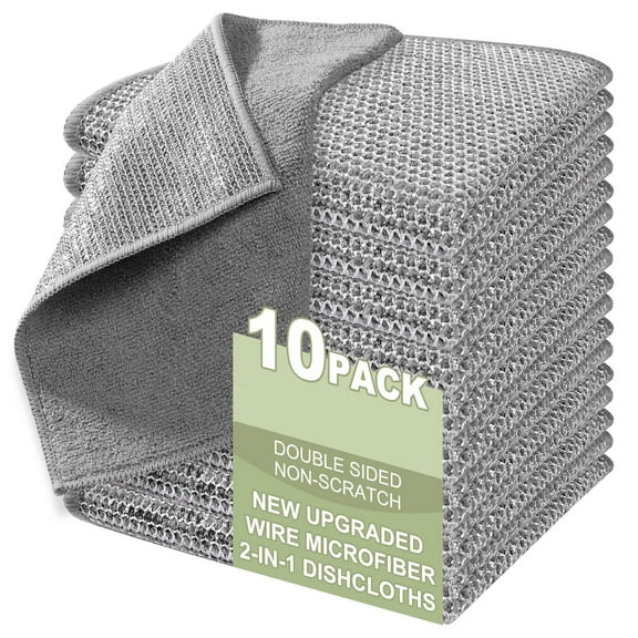Non Scratch Wire Dishcloth 10 Pack, Dual Sided Steel Mesh and Microfiber Scrubber for Pots Pans, Multipurpose Cleaning Rag for Kitchen Countertop Sink, Grey