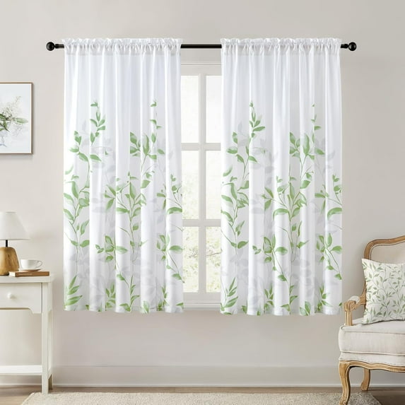 Non-See-Through Light Grey and White Privacy Sheer Curtains 52 X 63 Inch Length 2 Panels, Leaf Floral Printed Light Filtering Semi Sheer Window Curtains Drapes for Bedroom Living Room