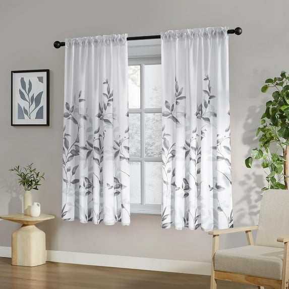 Non-See-Through Light Grey and White Privacy Sheer Curtains 52 X 63 Inch Length 2 Panels, Leaf Floral Printed Light Filtering Semi Sheer Window Curtains Drapes for Bedroom Living Room