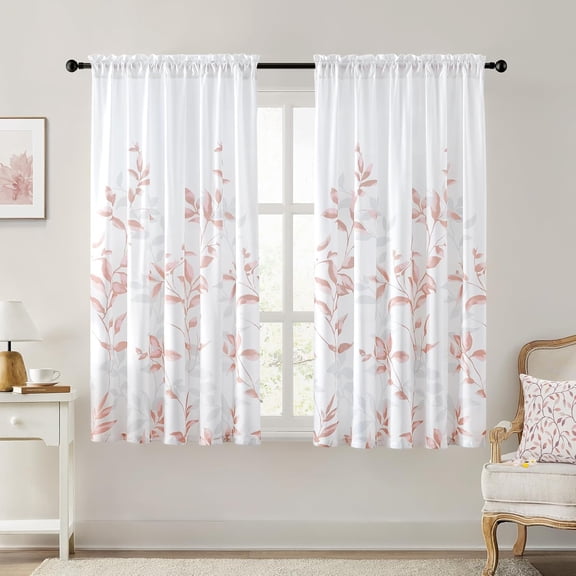 Non-See-Through Pink and White Privacy Sheer Curtains 52 X 63 Inch Length 2 Panels, Leaf Floral Printed Light Filtering Semi Sheer Window Curtains Drapes for Bedroom Living Room