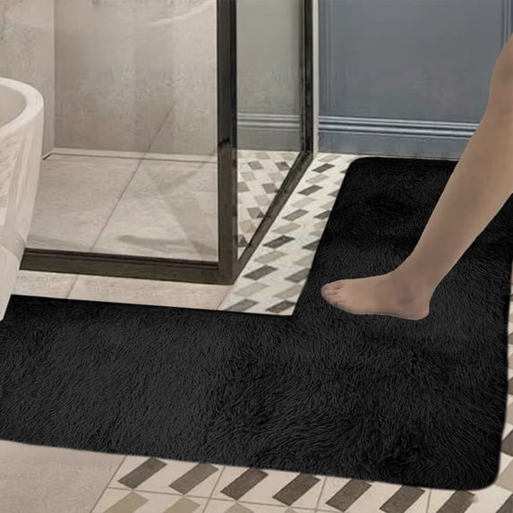 Non Sk-id L Shaped Corner Rug 47x47 Inch - Machine Washable Memory Foam Bath Rug, Soft Microfiber, Black