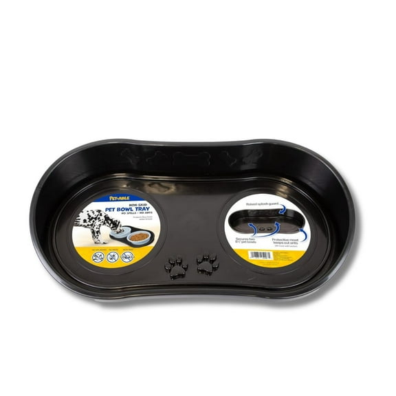 Pet Zone Non-Skid Double Pet Bowl Tray for Food & Water, Black, Holds 2 Bowls
