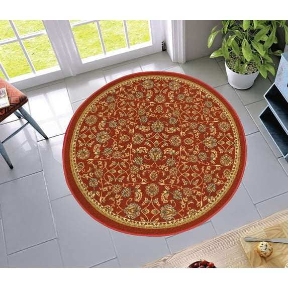 Non-Skid / Slip Rubber Back Antibacterial 4 Round ( 4'3" Round ) Area Rug Mat Timeless Oriental Red Traditional Classic Sarouk Thin Low Pile Machine Washable Indoor Outdoor Kitchen Hallway Entry