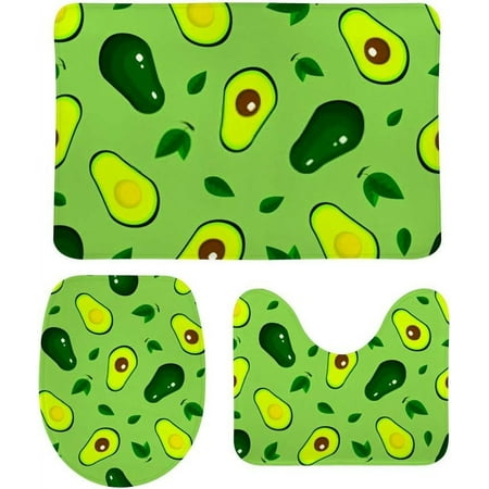 Non-Slip 3 Piece Bathroom Rug Set Avocado On Green Soft Contour Rug + Toilet Lid Cover + Bath Mat Bathroom Decor