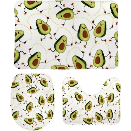 Non-Slip 3 Piece Bathroom Rug Set Avocado Pattern On White Soft Contour Rug + Toilet Lid Cover + Bath Mat Bathroom Decor