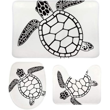 Non-Slip 3 Piece Bathroom Rug Set Black White Turtle Soft Contour Rug + Toilet Lid Cover + Bath Mat Bathroom Decor