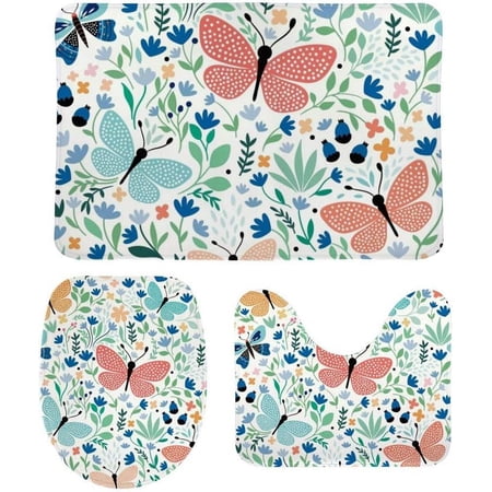 Non-Slip 3 Piece Bathroom Rug Set Butterflies Leaves Soft Contour Rug + Toilet Lid Cover + Bath Mat Bathroom Decor
