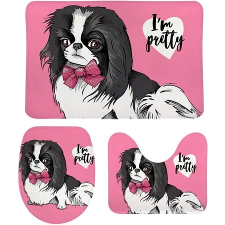 Non-Slip 3 Piece Bathroom Rug Set Chin Dog with A Bow On Pink Soft Contour Rug + Toilet Lid Cover + Bath Mat Bathroom Decor