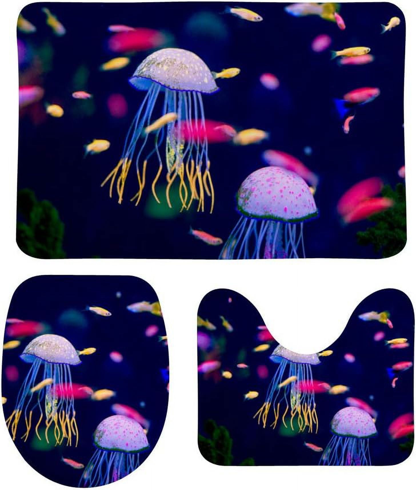 NonSlip 3 Piece Bathroom Rug Set Colorful Fishes and Jellyfish Soft