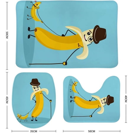 3 Piece SKYSONIC Non-Slip Bathroom Rug Set Cute Banana Soft Contour Rug + Toilet Lid Cover + Bath Mat Bathroom Decor