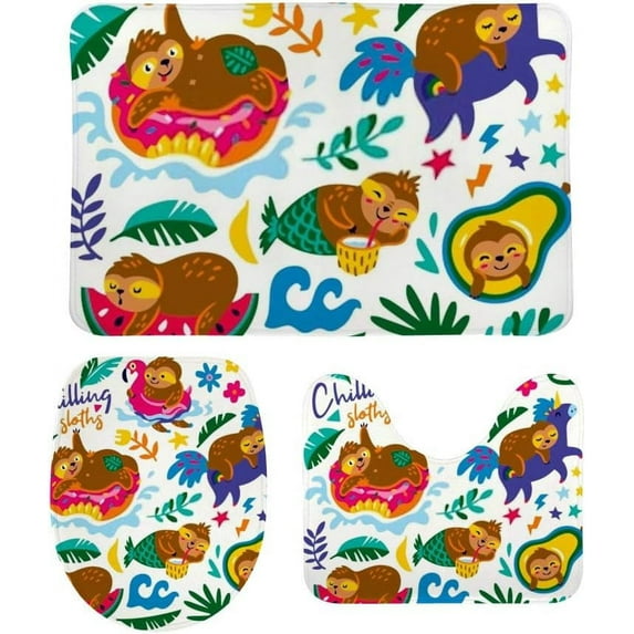 3 Piece SKYSONIC Non-Slip Bathroom Rug Set Cute Sloths Having Fun Soft Contour Rug + Toilet Lid Cover + Bath Mat