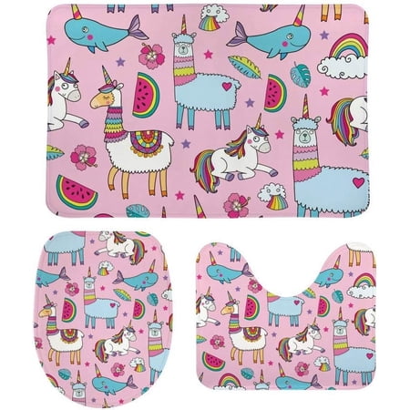 Non-Slip 3 Piece Bathroom Rug Set Cute Unicorn Llamas On Pink Soft Contour Rug + Toilet Lid Cover + Bath Mat Bathroom Decor