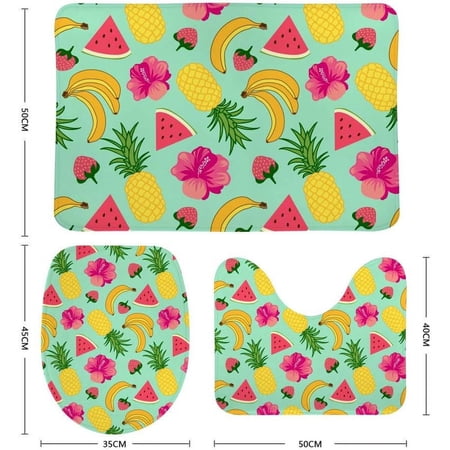 Non-Slip 3 Piece Bathroom Rug Set Flowers Fruits Soft Contour Rug + Toilet Lid Cover + Bath Mat Bathroom Decor
