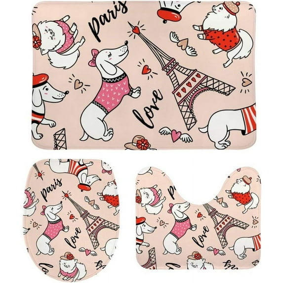 Non-Slip 3 Piece Bathroom Rug Set French Style Dog and Eiffel Tower Soft Contour Rug + Toilet Lid Cover + Bath Mat Bathroom Decor