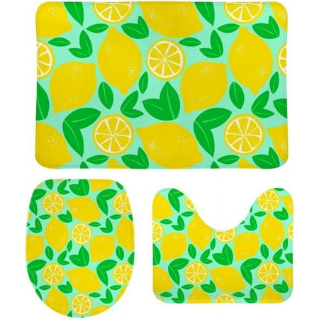 3 Piece SKYSONIC Non-Slip Bathroom Rug Set Fresh Lemons On Blue Soft Contour Rug + Toilet Lid Cover + Bath Mat