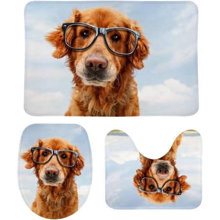 Non-Slip 3 Piece Bathroom Rug Set Golden Retriever Wear Glasses Soft Contour Rug + Toilet Lid Cover + Bath Mat Bathroom Decor