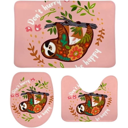 Non-Slip 3 Piece Bathroom Rug Set Happy Cute Sloth Soft Contour Rug + Toilet Lid Cover + Bath Mat Bathroom Decor