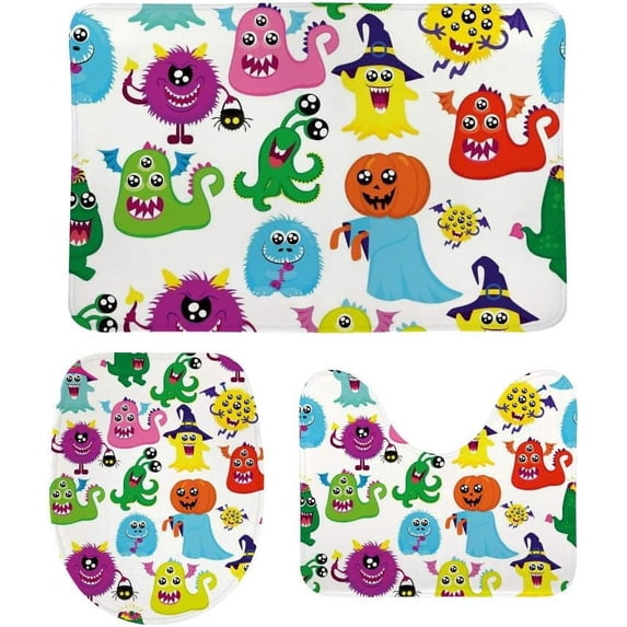 Non-Slip 3 Piece Bathroom Rug Set Happy Halloween Pattern Soft Contour Rug + Toilet Lid Cover + Bath Mat Bathroom Decor