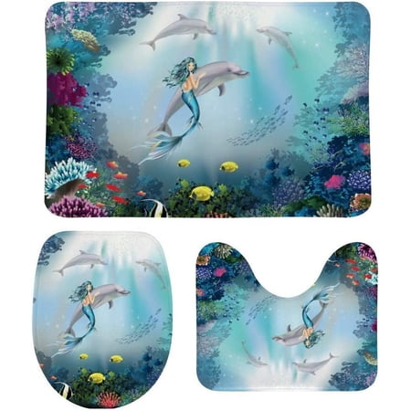 Non-Slip 3 Piece Bathroom Rug Set Mermaid and Dolphin Undersea Soft Contour Rug + Toilet Lid Cover + Bath Mat Bathroom Decor