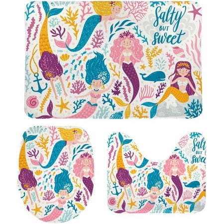 Non-Slip 3 Piece Bathroom Rug Set Mermaids Playing Soft Contour Rug + Toilet Lid Cover + Bath Mat Bathroom Decor
