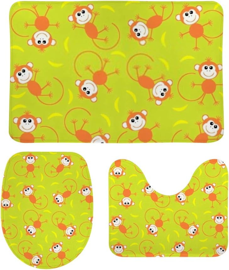 NonSlip 3 Piece Bathroom Rug Set Orange Monkeys Bananas Soft Contour