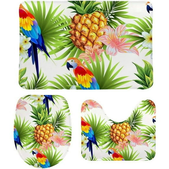 SKYSONIC Non-Slip 3 Piece Bathroom Rug Set Pineapples Birds Parrots Soft Contour Rug + Toilet Lid Cover + Bath Mat Bathroom Decor