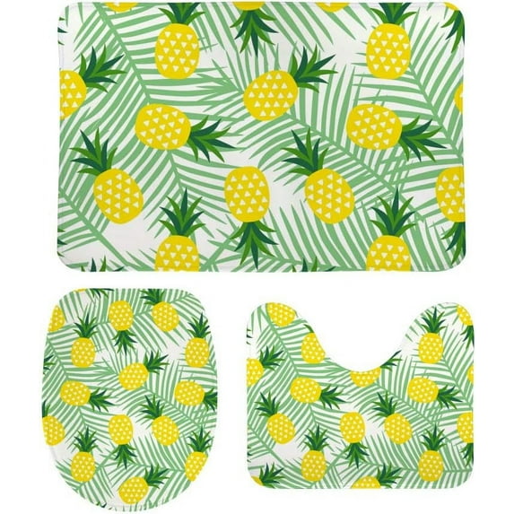 Non-Slip 3 Piece Bathroom Rug Set Pineapples Leaves Soft Contour Rug + Toilet Lid Cover + Bath Mat Bathroom Decor