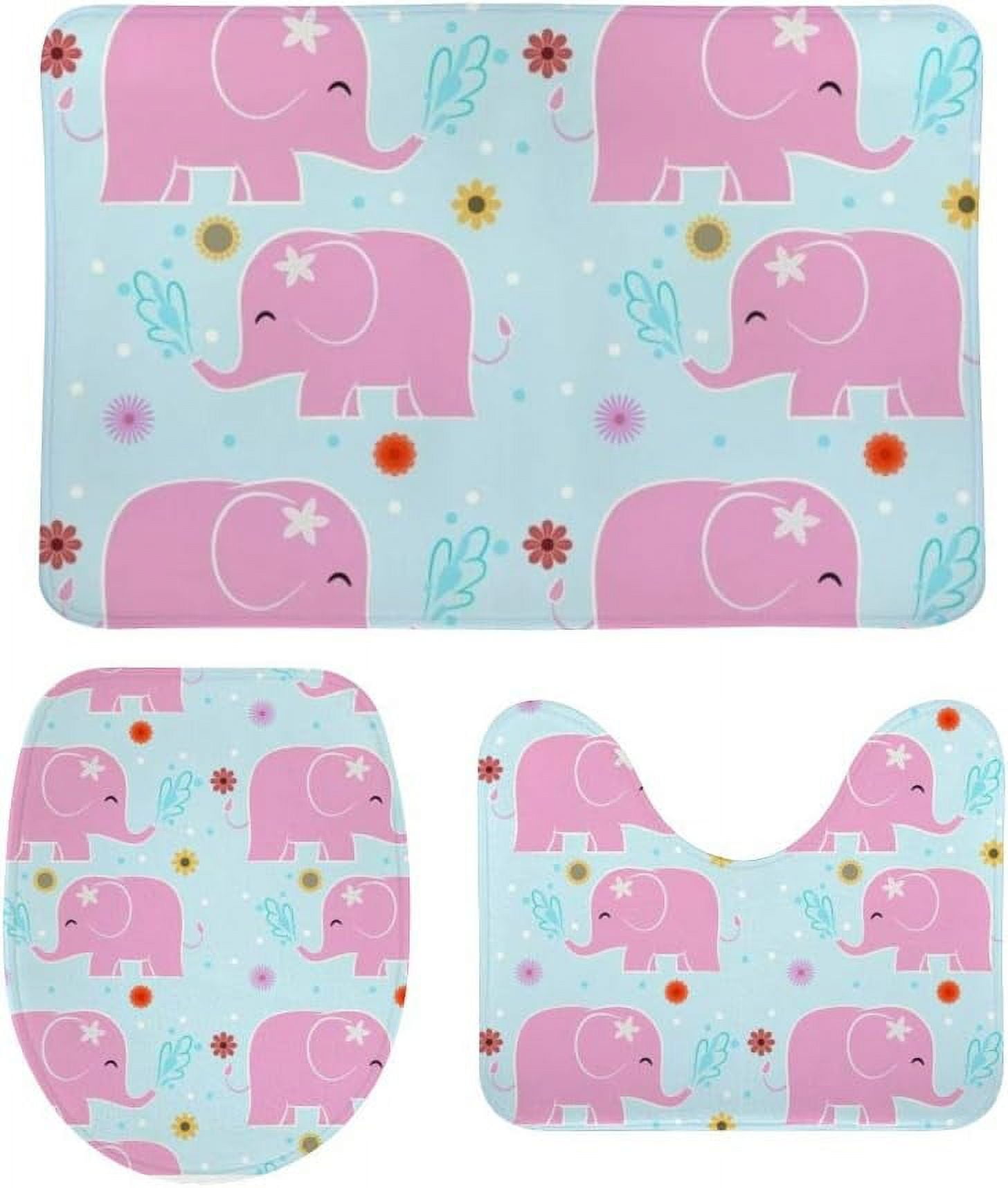 Non-Slip 3 Piece Bathroom Rug Set Pink Elephant and Flower Soft Contour ...