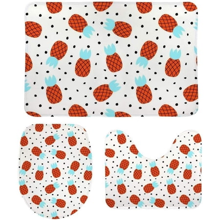 Non-Slip 3 Piece Bathroom Rug Set Random Red Pineapples Soft Contour Rug + Toilet Lid Cover + Bath Mat Bathroom Decor